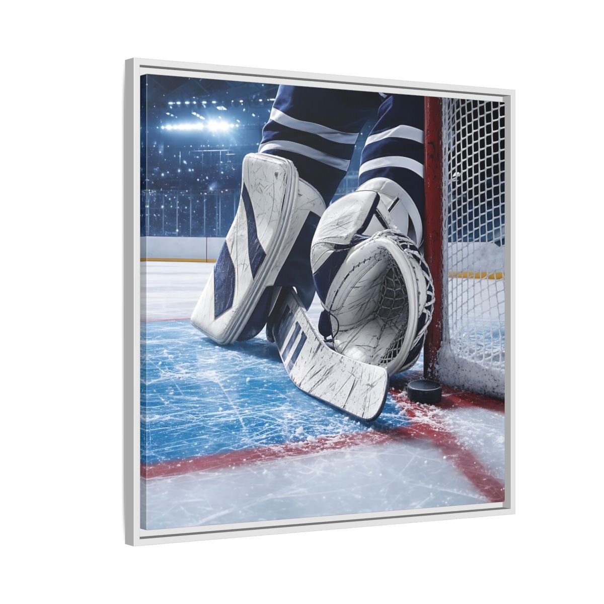 Side Mockup 7. Sports Hockey Goalie Blue And White Hockey Gear shown as framed canvas print