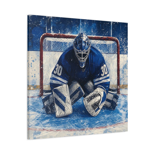 Main Mockup. Sports Hockey Goalie Blue And White Hockey shown as canvas print
