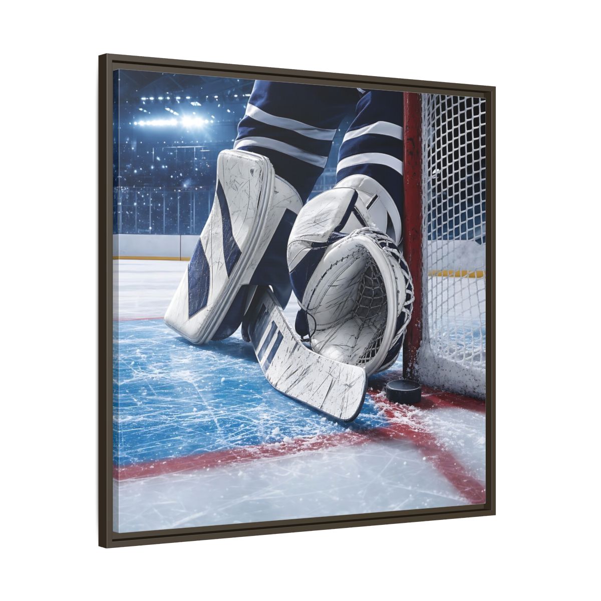 Main Mockup. Sports Hockey Goalie Blue And White Hockey Gear shown as framed canvas print