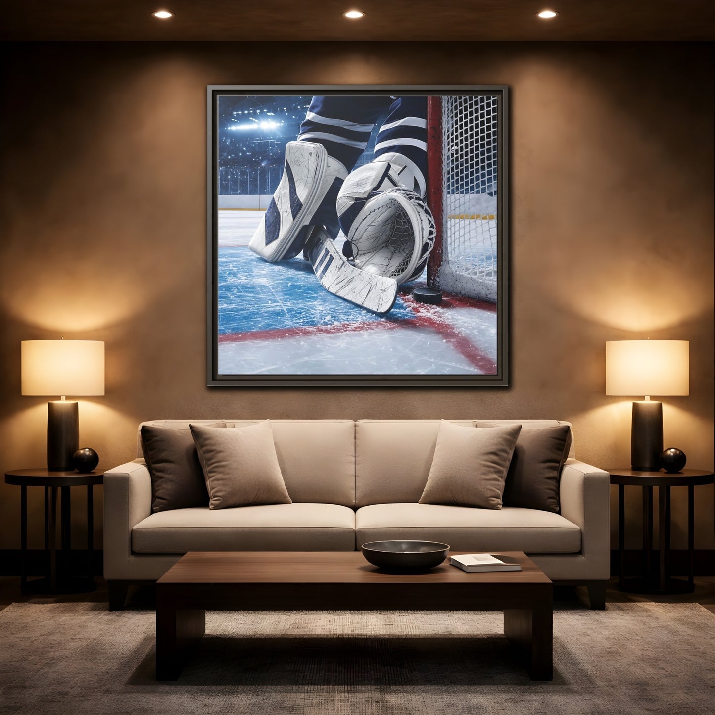 Mockup 2. Sports Hockey Goalie Blue And White Hockey Gear shown as framed canvas print