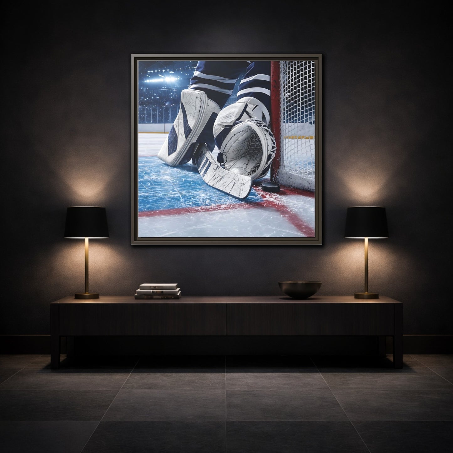Mockup 3. Sports Hockey Goalie Blue And White Hockey Gear shown as framed canvas print