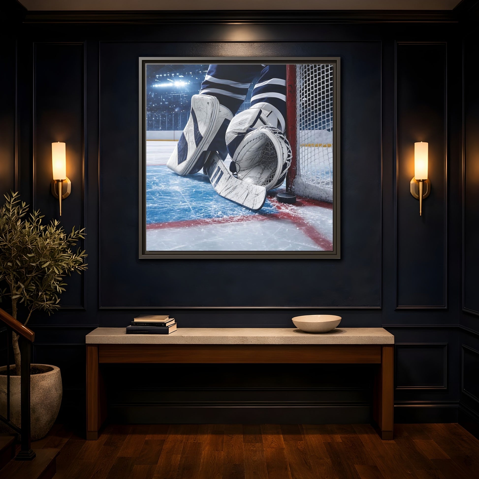 Mockup 4. Sports Hockey Goalie Blue And White Hockey Gear shown as framed canvas print