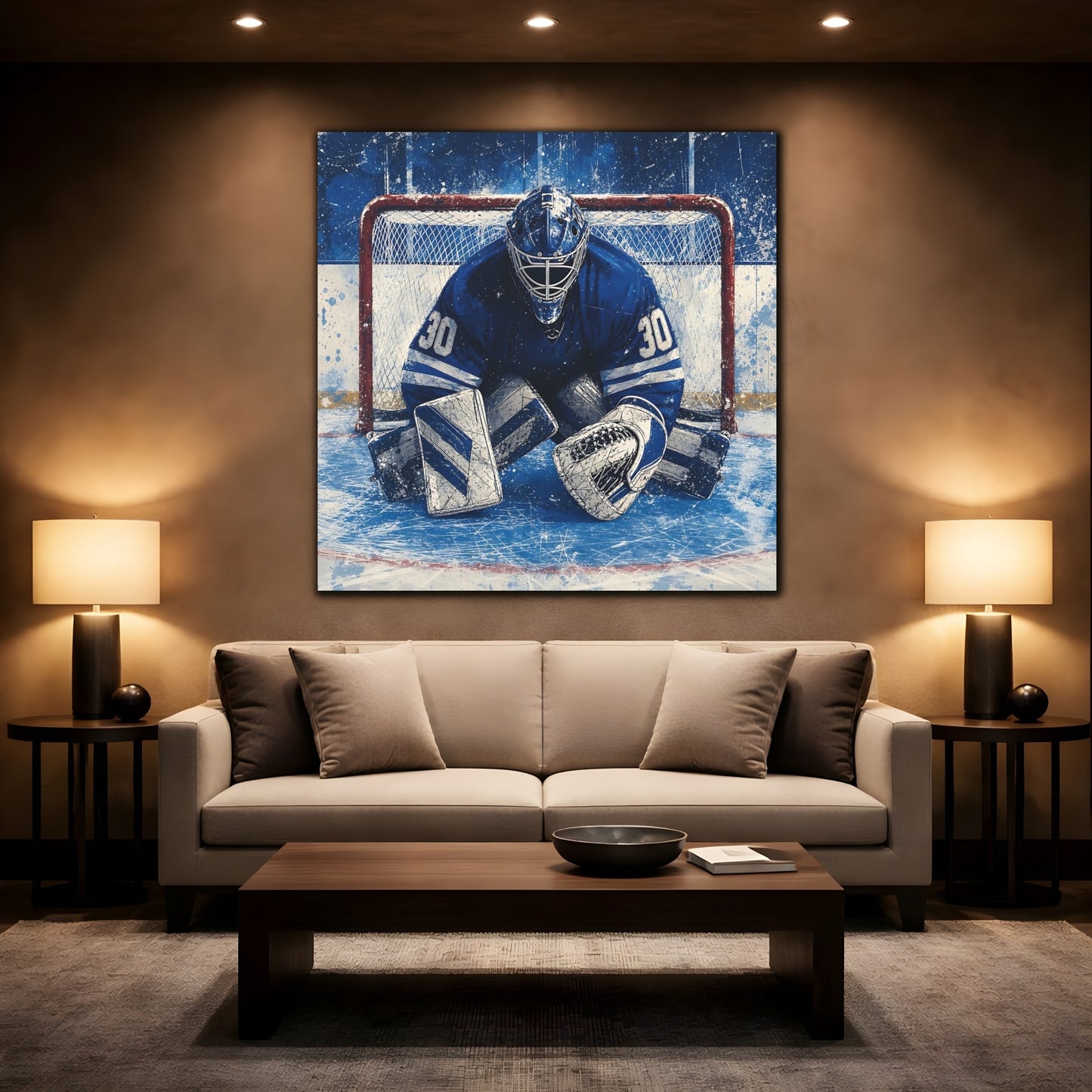Mockup 2. Sports Hockey Goalie Blue And White Hockey shown as canvas print