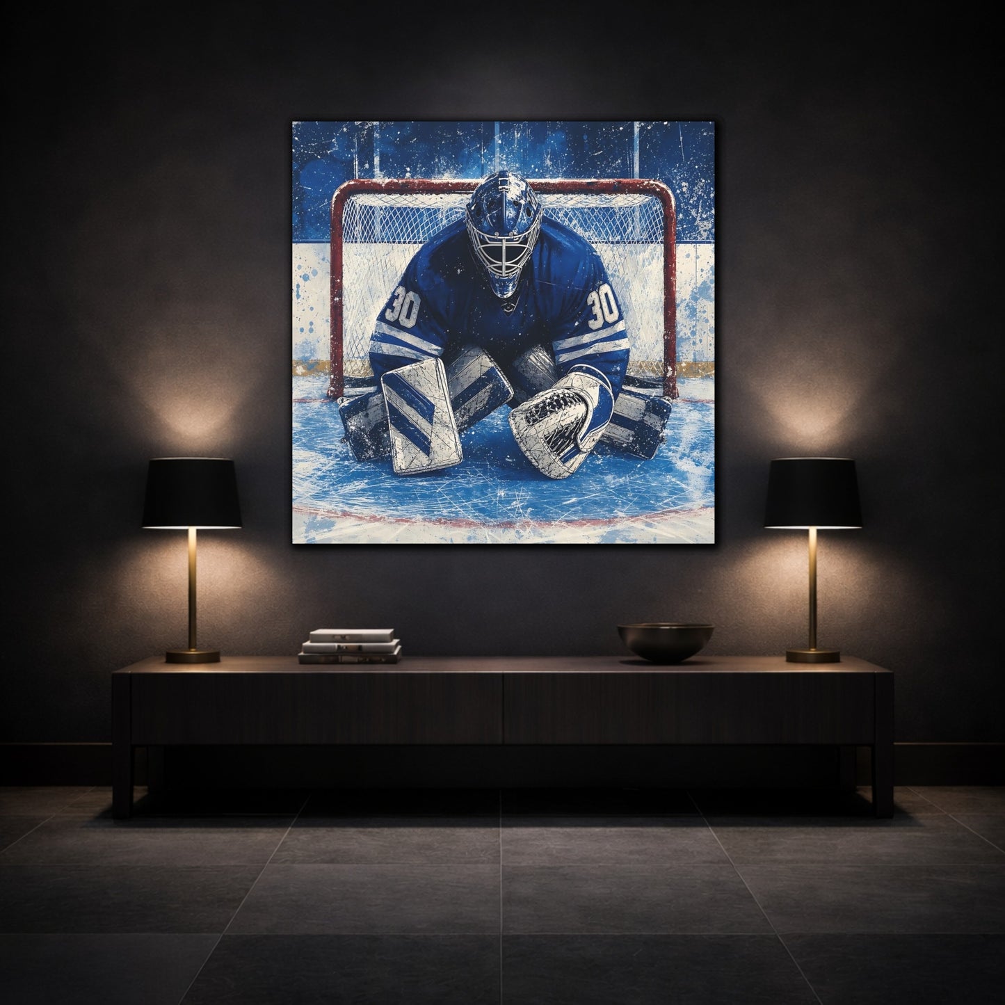 Mockup 3. Sports Hockey Goalie Blue And White Hockey shown as canvas print