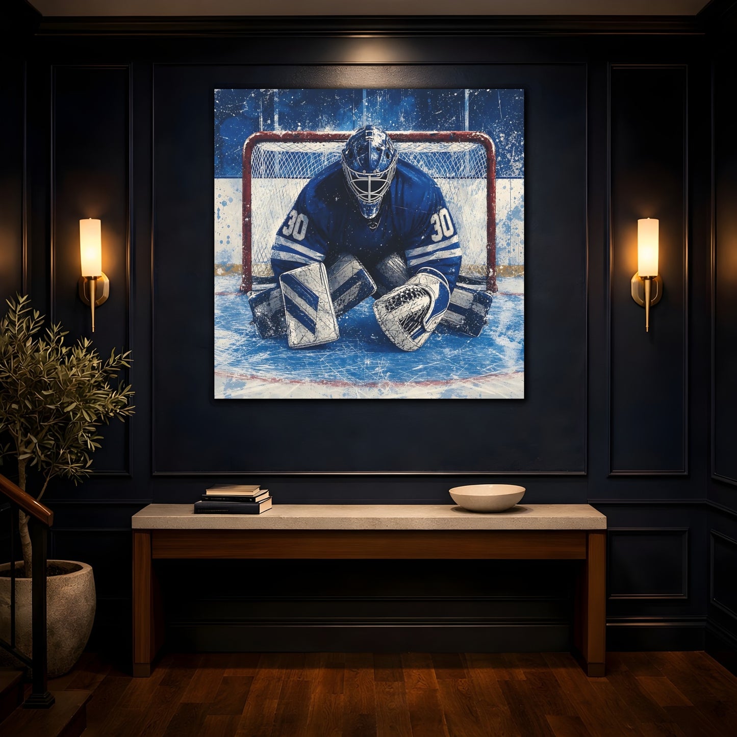 Mockup 4. Sports Hockey Goalie Blue And White Hockey shown as canvas print