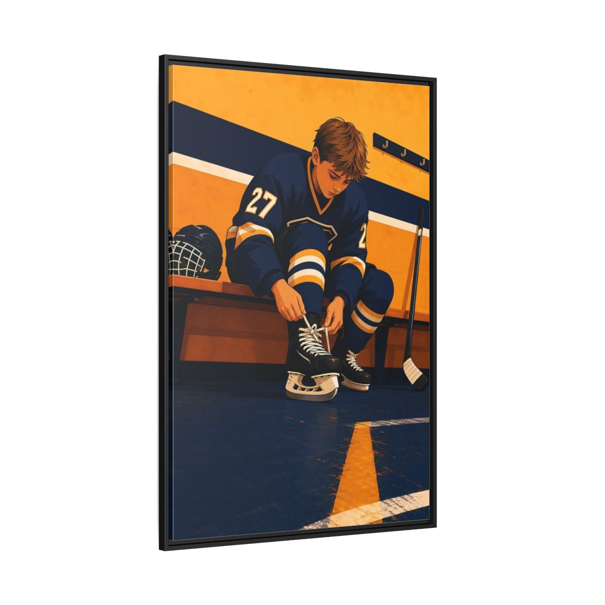 Side Mockup 12. Sports Hockey Player Blue And Gold Hockey shown as framed canvas print