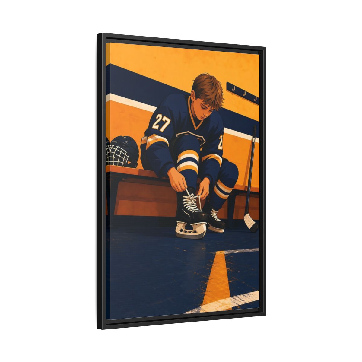 Side Mockup 14. Sports Hockey Player Blue And Gold Hockey shown as framed canvas print