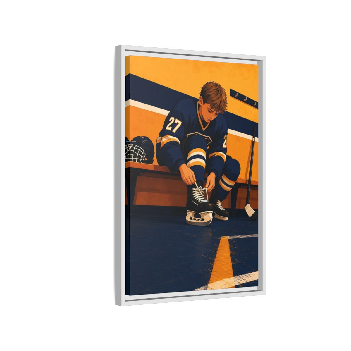 Side Mockup 1. Sports Hockey Player Blue And Gold Hockey shown as framed canvas print