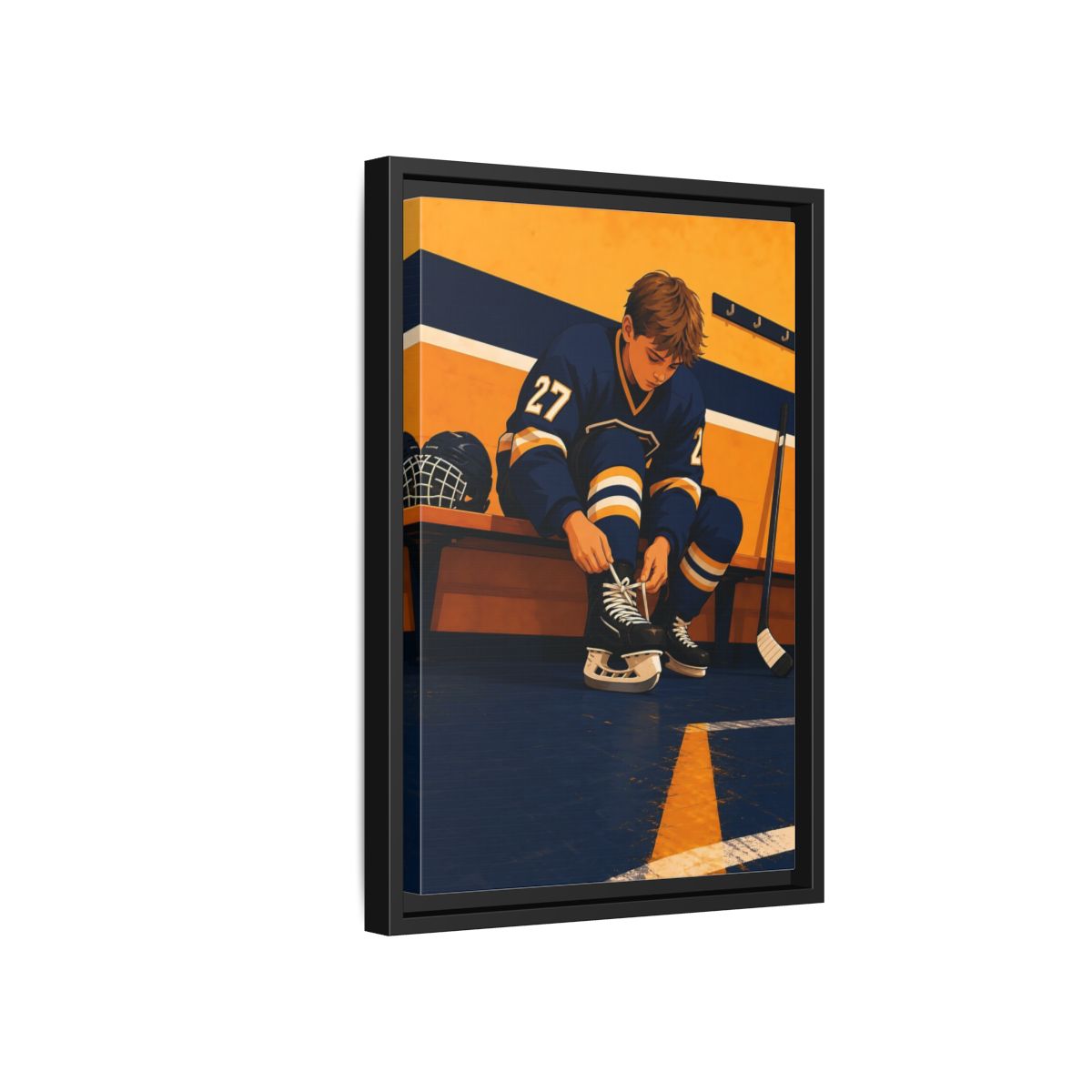 Side Mockup 6. Sports Hockey Player Blue And Gold Hockey shown as framed canvas print