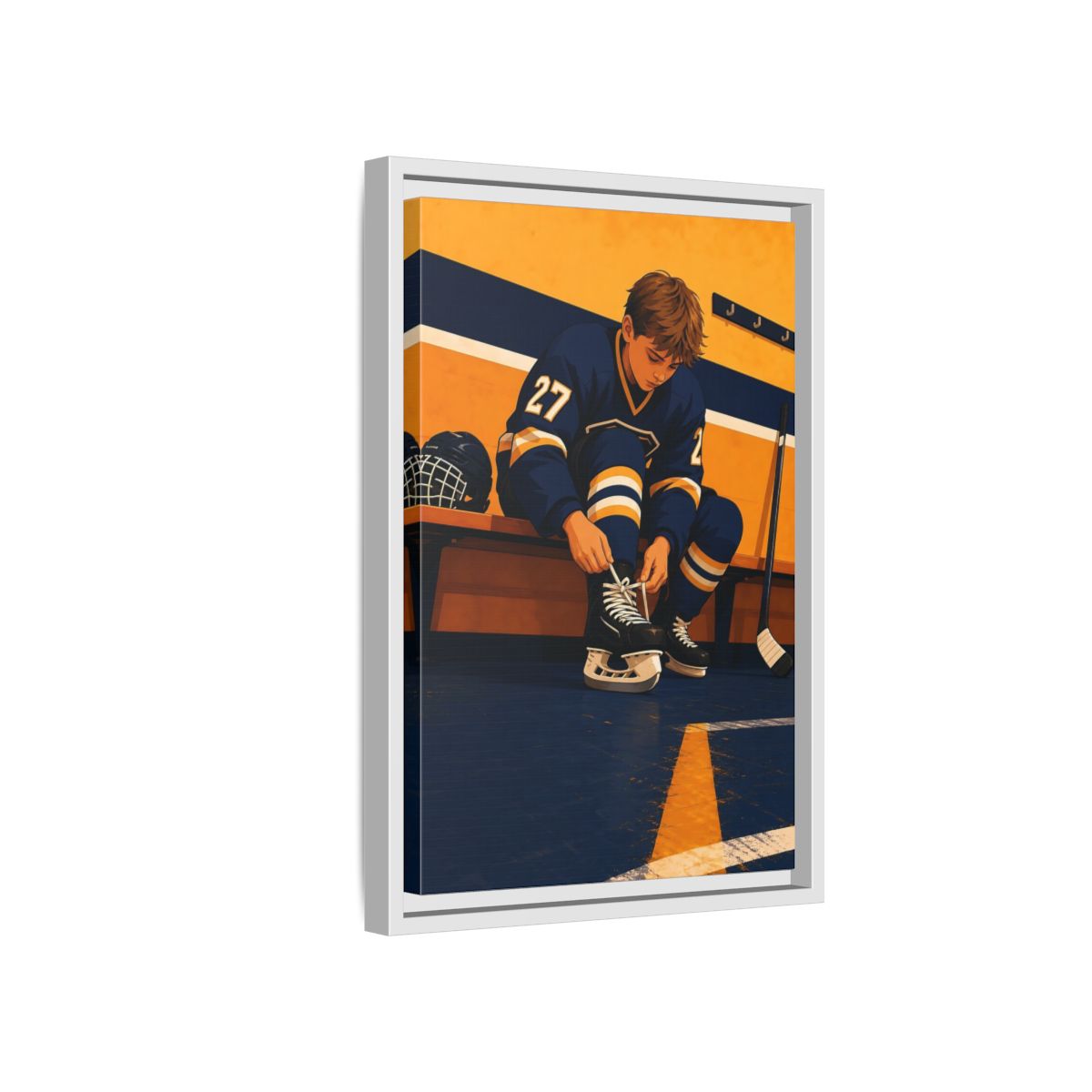 Side Mockup 4. Sports Hockey Player Blue And Gold Hockey shown as framed canvas print