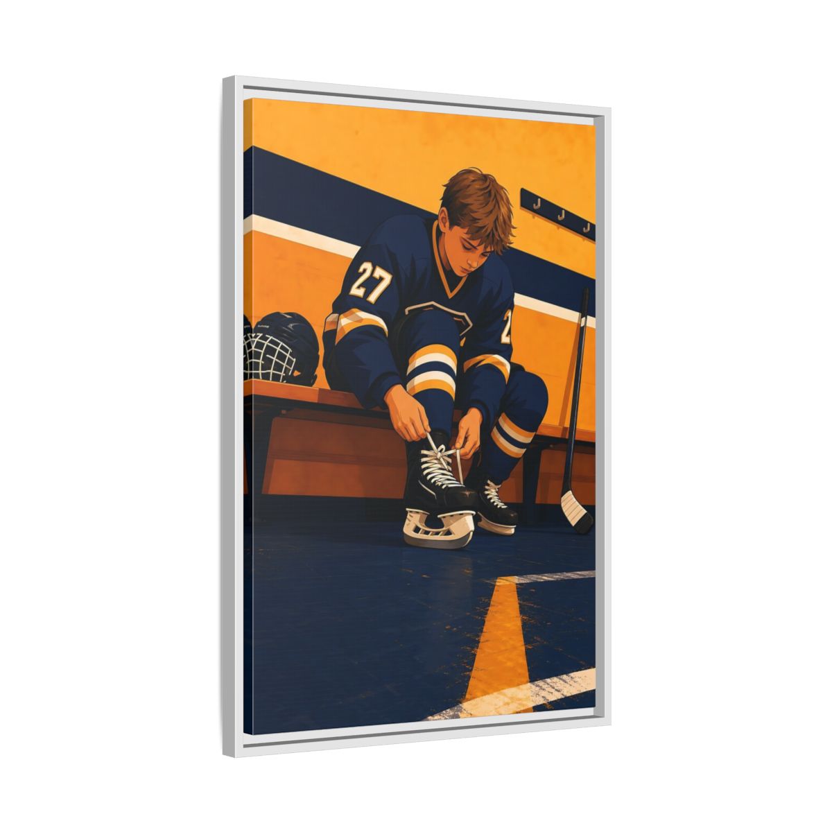 Side Mockup 10. Sports Hockey Player Blue And Gold Hockey shown as framed canvas print