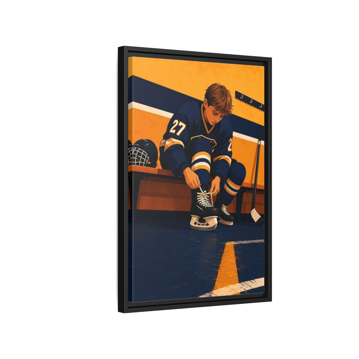 Side Mockup 3. Sports Hockey Player Blue And Gold Hockey shown as framed canvas print