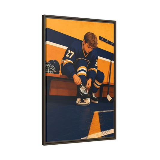 Main Mockup. Sports Hockey Player Blue And Gold Hockey shown as framed canvas print