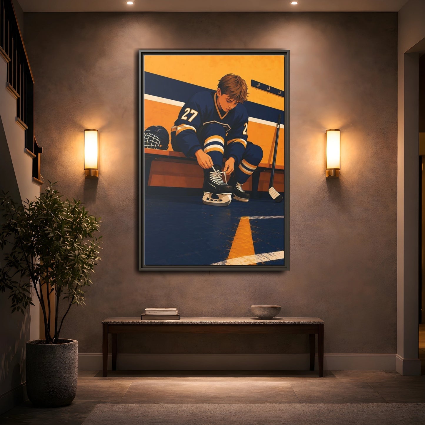 Mockup 2. Sports Hockey Player Blue And Gold Hockey shown as framed canvas print