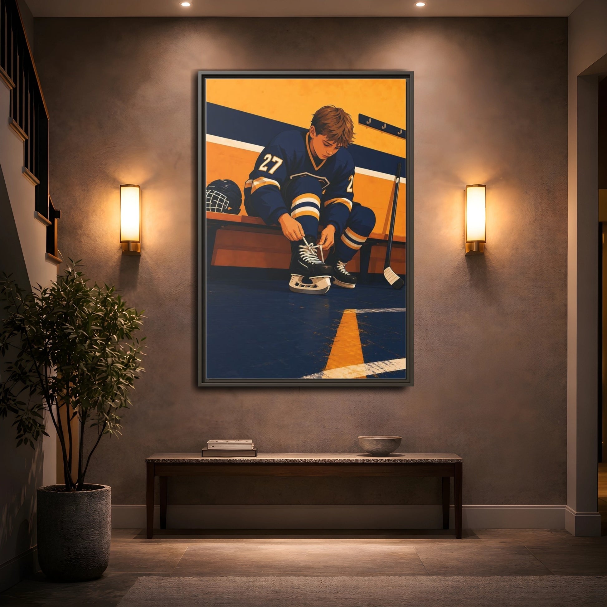 Mockup 2. Sports Hockey Player Blue And Gold Hockey shown as framed canvas print