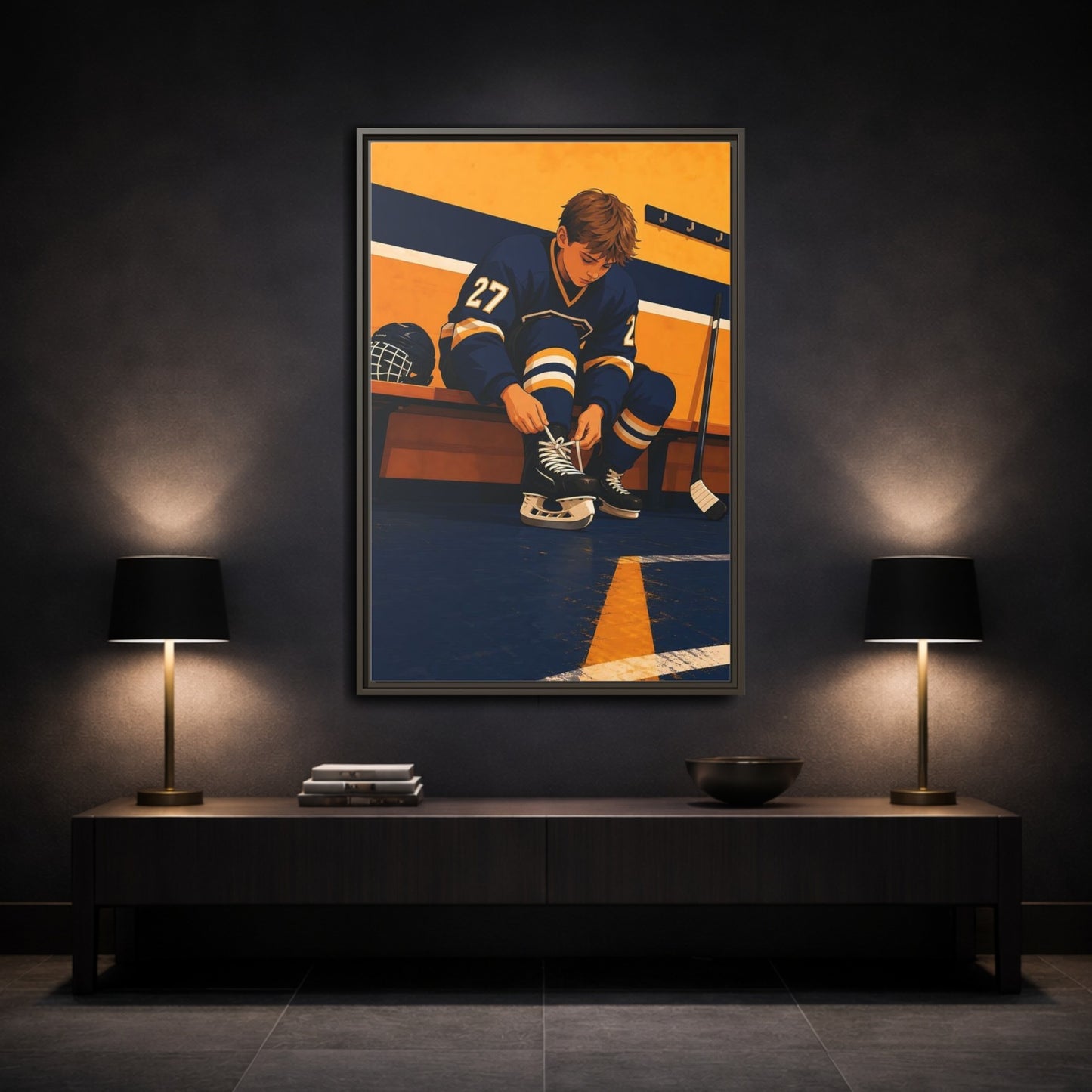 Mockup 3. Sports Hockey Player Blue And Gold Hockey shown as framed canvas print