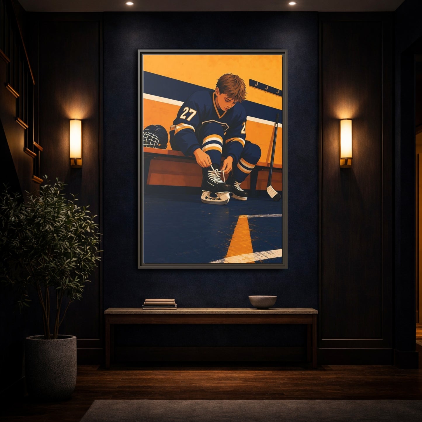 Mockup 4. Sports Hockey Player Blue And Gold Hockey shown as framed canvas print