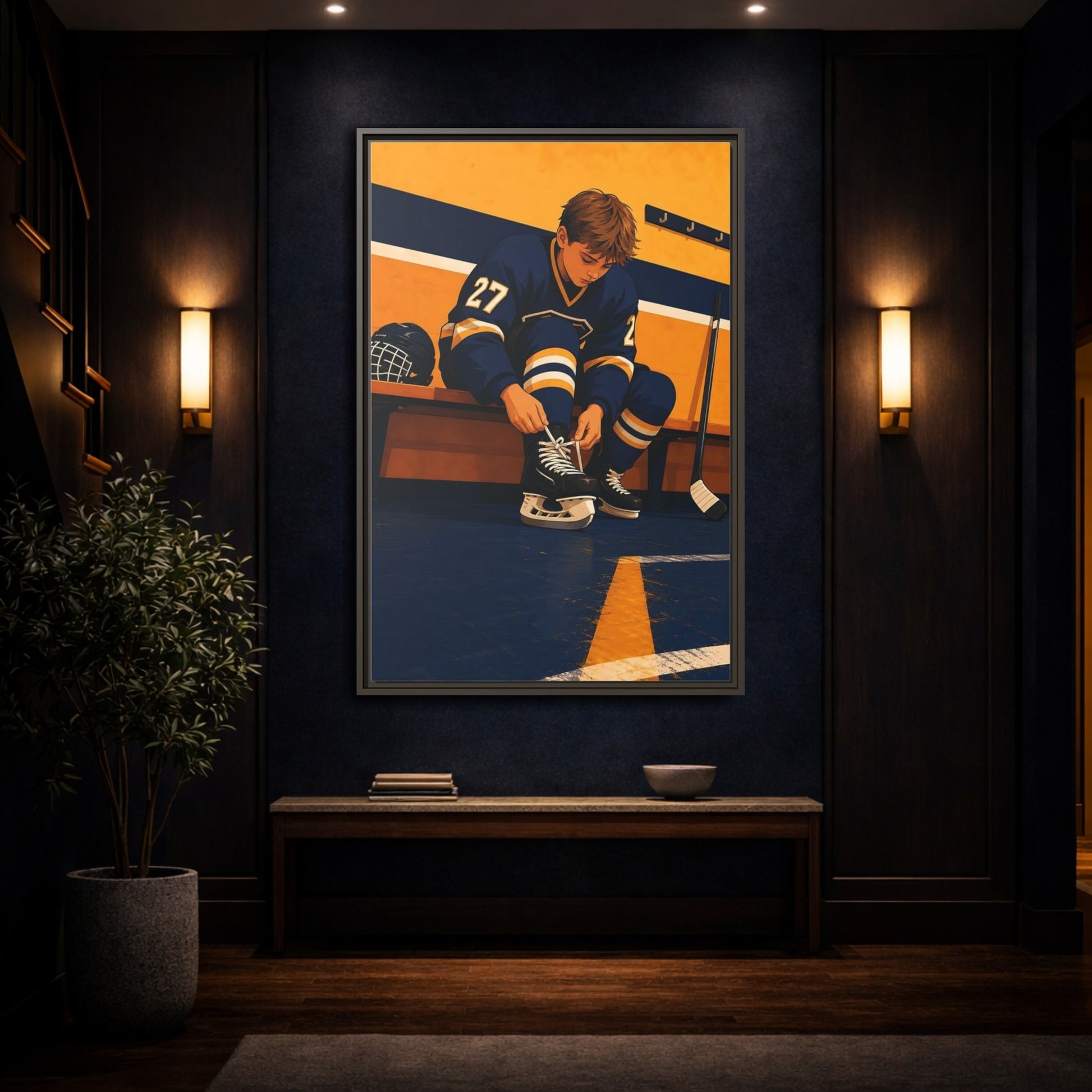 Mockup 4. Sports Hockey Player Blue And Gold Hockey shown as framed canvas print