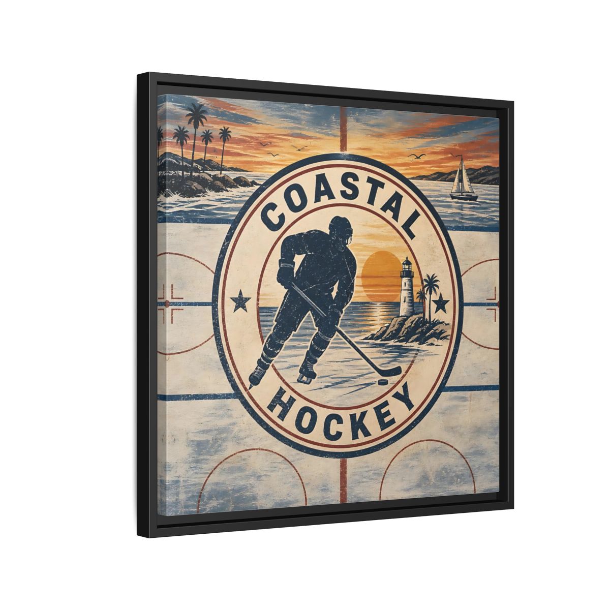 Side Mockup 12. Sports Hockey Player Vintage Coastal Hockey shown as framed canvas print