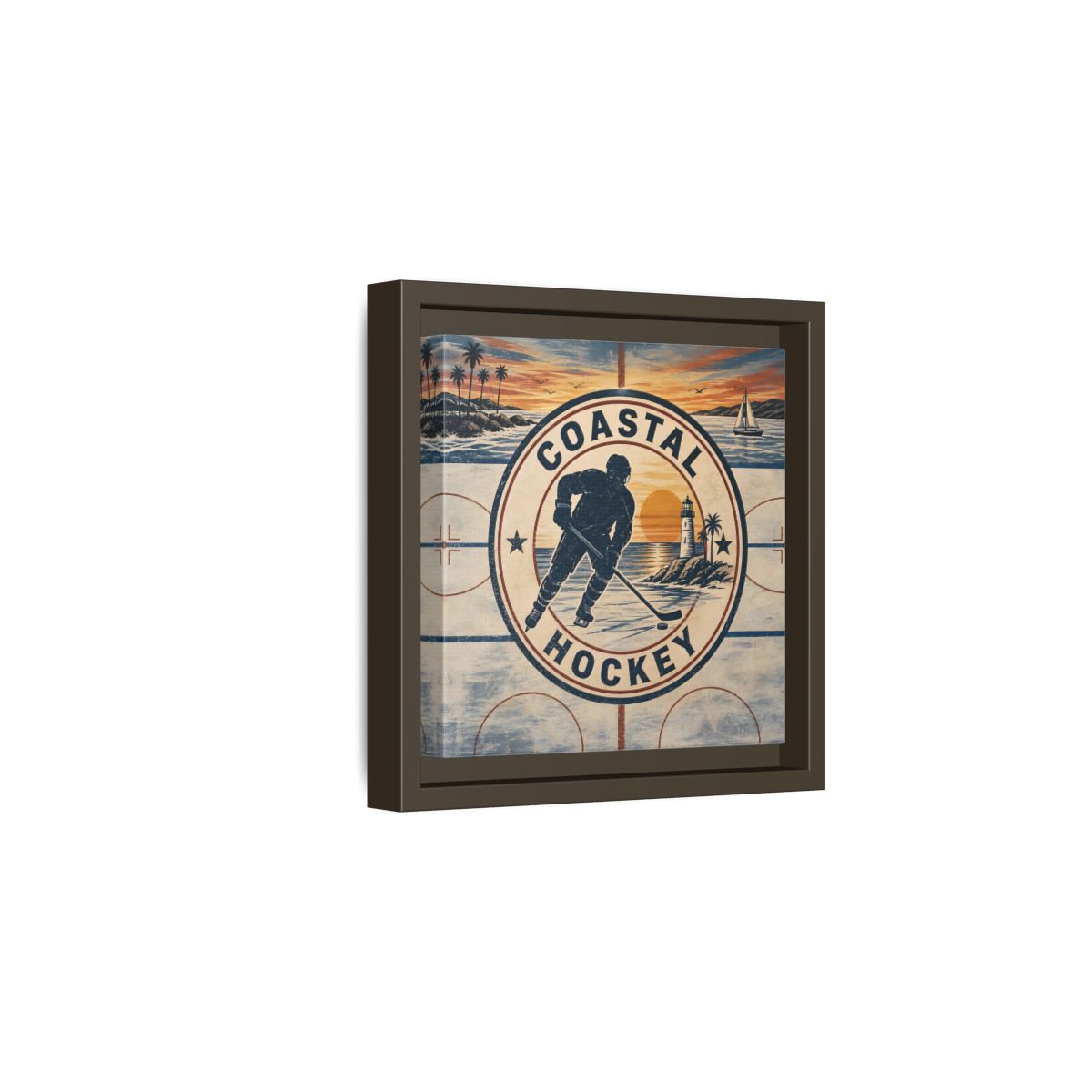 Side Mockup 2. Sports Hockey Player Vintage Coastal Hockey shown as framed canvas print