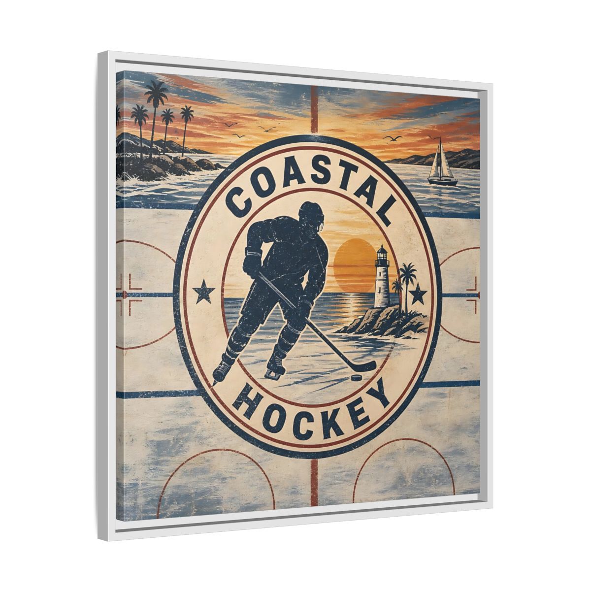 Side Mockup 26. Sports Hockey Player Vintage Coastal Hockey shown as framed canvas print