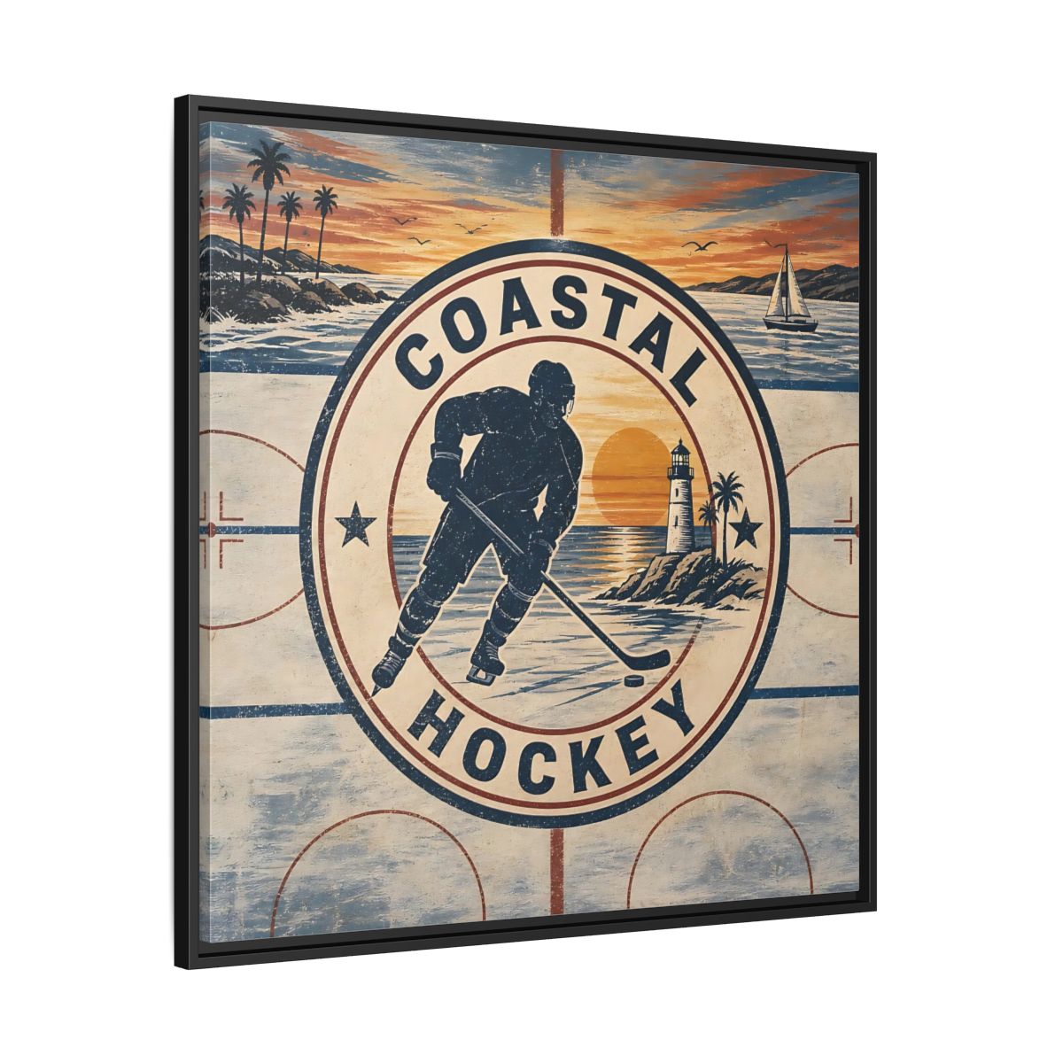 Side Mockup 30. Sports Hockey Player Vintage Coastal Hockey shown as framed canvas print