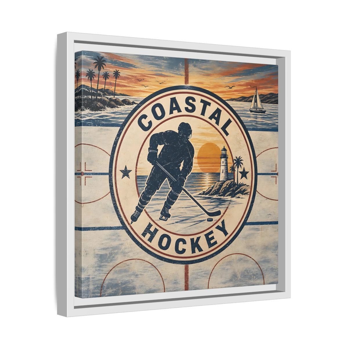 Side Mockup 28. Sports Hockey Player Vintage Coastal Hockey shown as framed canvas print