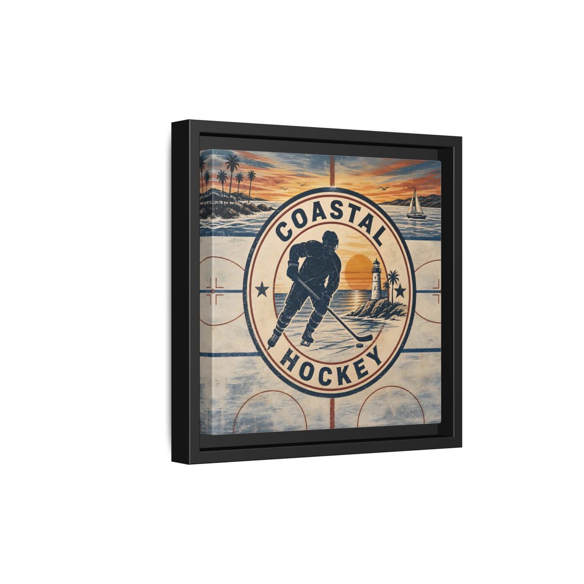 Side Mockup 21. Sports Hockey Player Vintage Coastal Hockey shown as framed canvas print