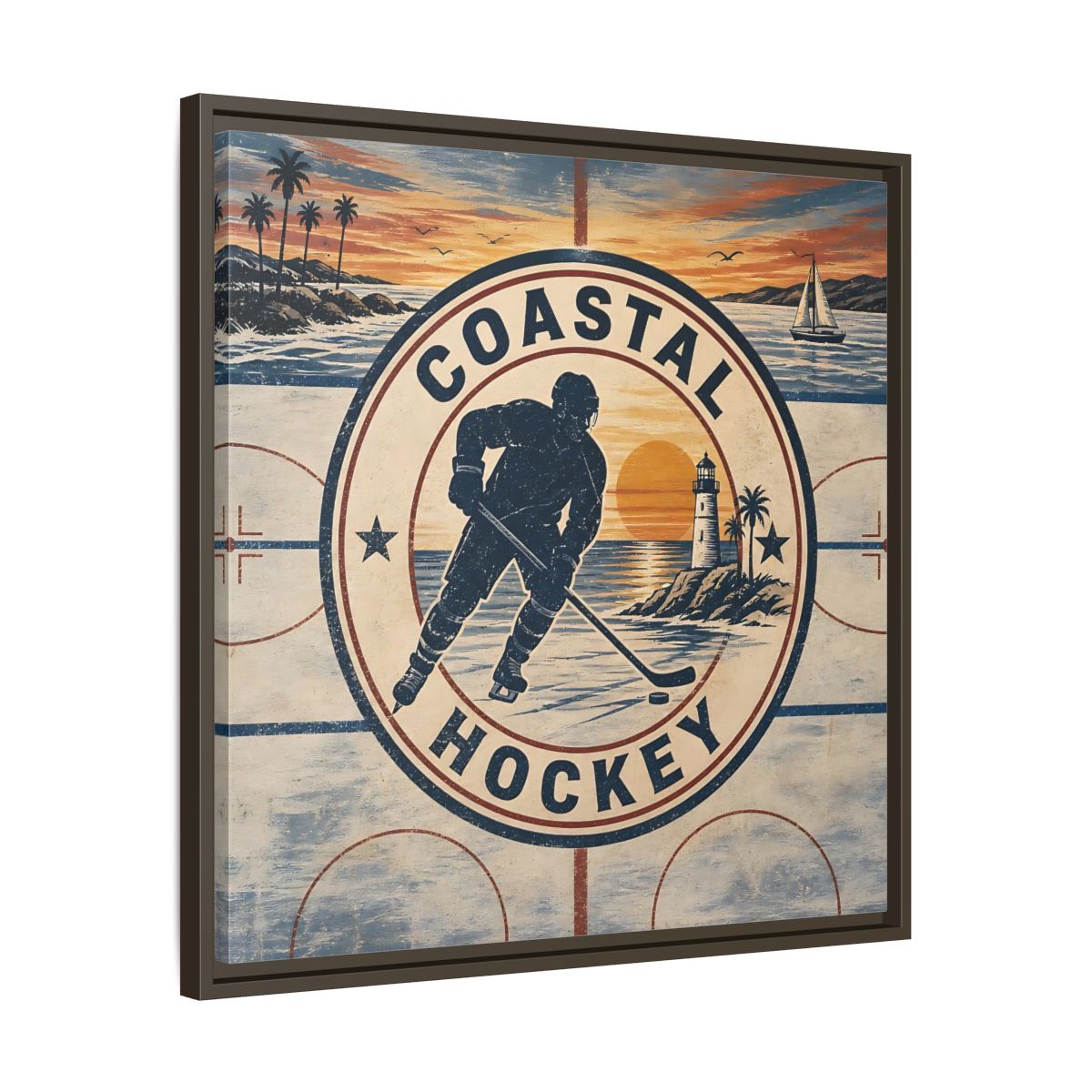 Side Mockup 27. Sports Hockey Player Vintage Coastal Hockey shown as framed canvas print
