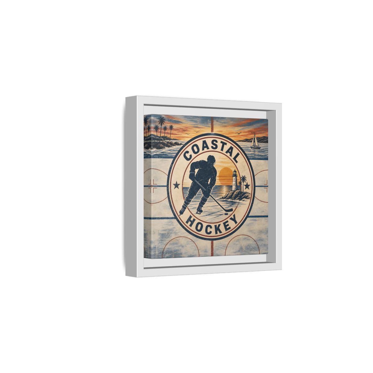Side Mockup 1. Sports Hockey Player Vintage Coastal Hockey shown as framed canvas print