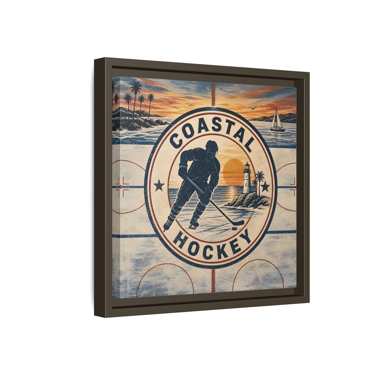Side Mockup 17. Sports Hockey Player Vintage Coastal Hockey shown as framed canvas print