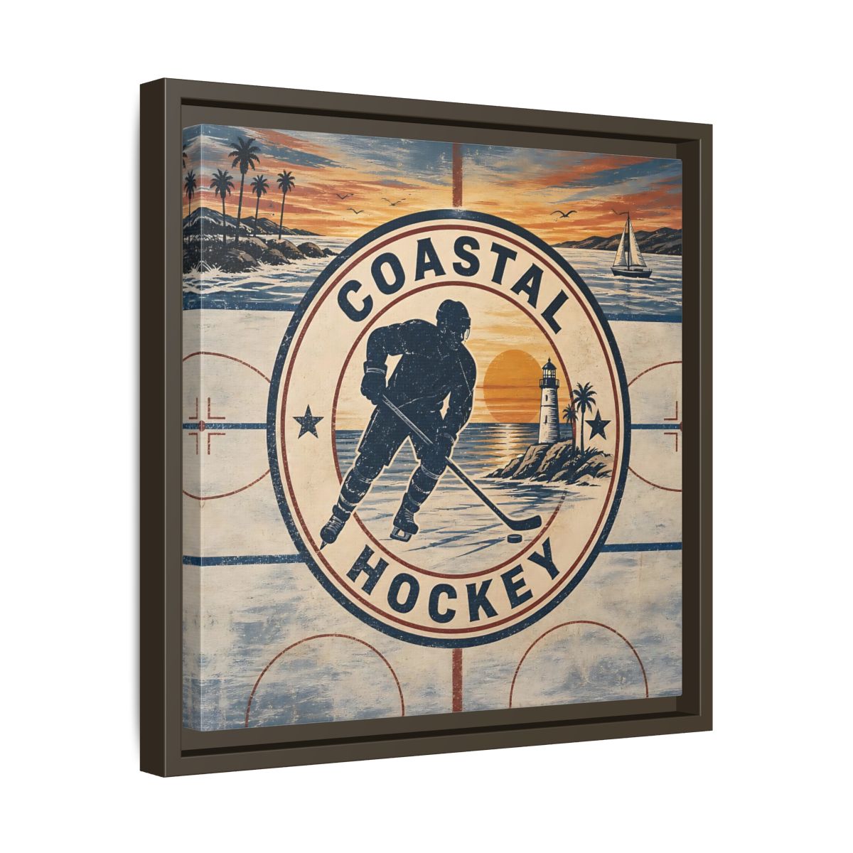 Side Mockup 29. Sports Hockey Player Vintage Coastal Hockey shown as framed canvas print
