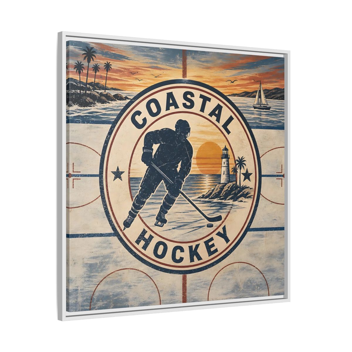 Side Mockup 25. Sports Hockey Player Vintage Coastal Hockey shown as framed canvas print