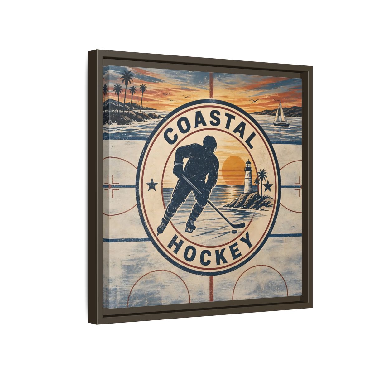 Side Mockup 14. Sports Hockey Player Vintage Coastal Hockey shown as framed canvas print