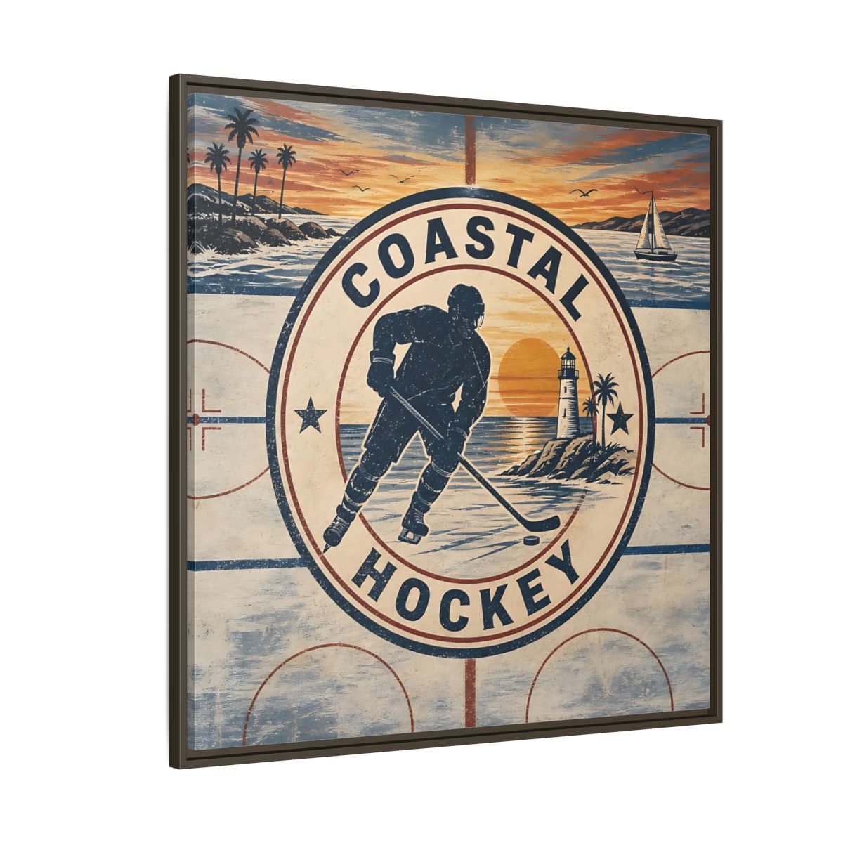 Side Mockup 5. Sports Hockey Player Vintage Coastal Hockey shown as framed canvas print