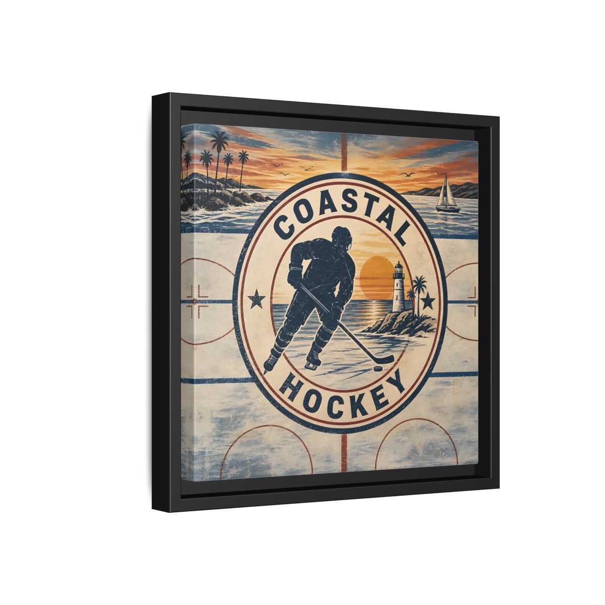 Side Mockup 18. Sports Hockey Player Vintage Coastal Hockey shown as framed canvas print