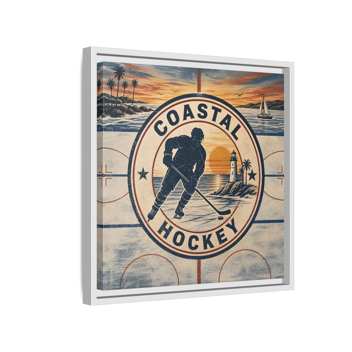 Side Mockup 13. Sports Hockey Player Vintage Coastal Hockey shown as framed canvas print