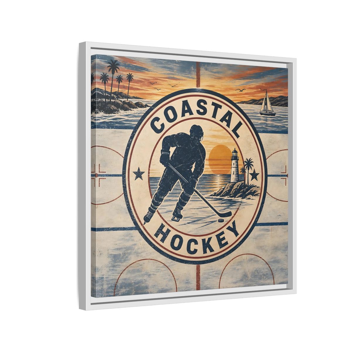 Side Mockup 10. Sports Hockey Player Vintage Coastal Hockey shown as framed canvas print