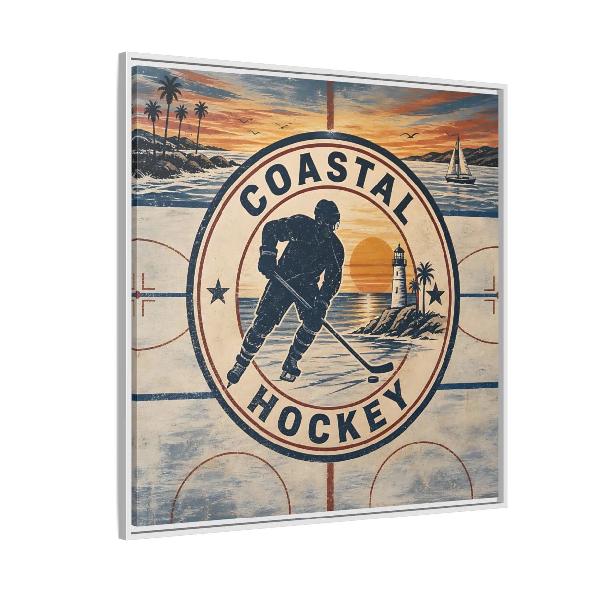 Side Mockup 4. Sports Hockey Player Vintage Coastal Hockey shown as framed canvas print