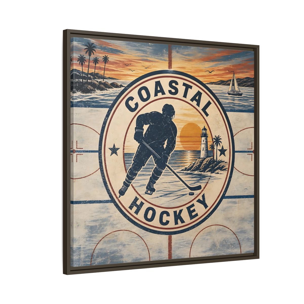 Side Mockup 8. Sports Hockey Player Vintage Coastal Hockey shown as framed canvas print
