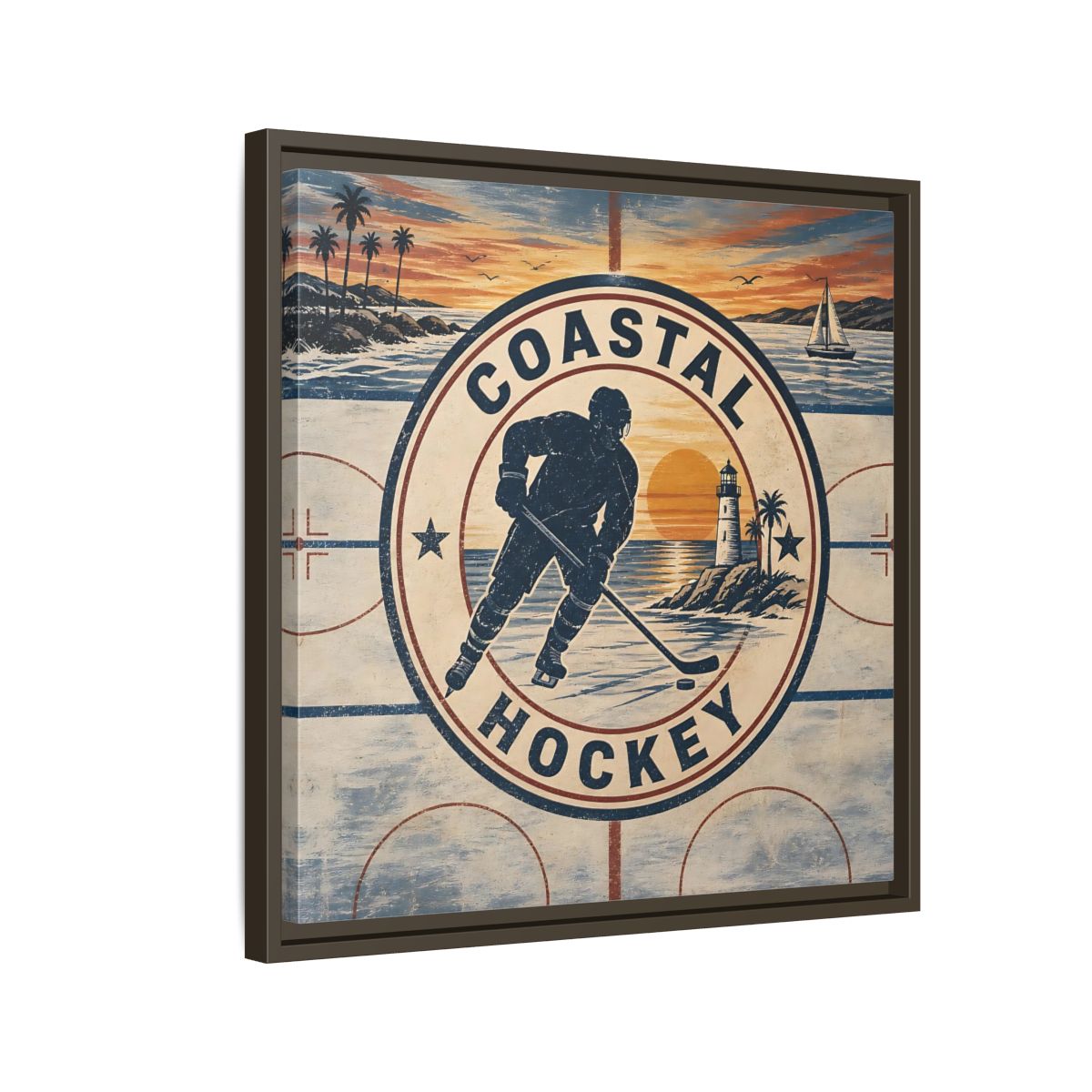Side Mockup 11. Sports Hockey Player Vintage Coastal Hockey shown as framed canvas print