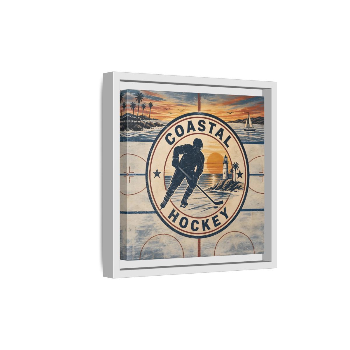 Side Mockup 19. Sports Hockey Player Vintage Coastal Hockey shown as framed canvas print