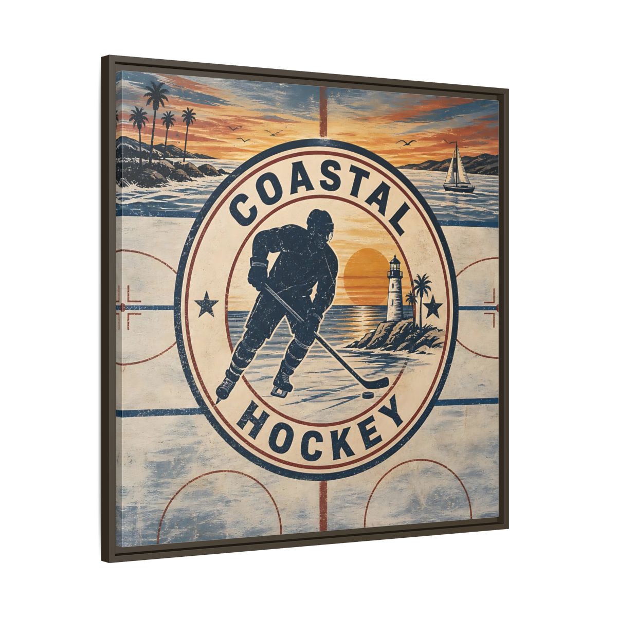 Main Mockup. Sports Hockey Player Vintage Coastal Hockey shown as framed canvas print