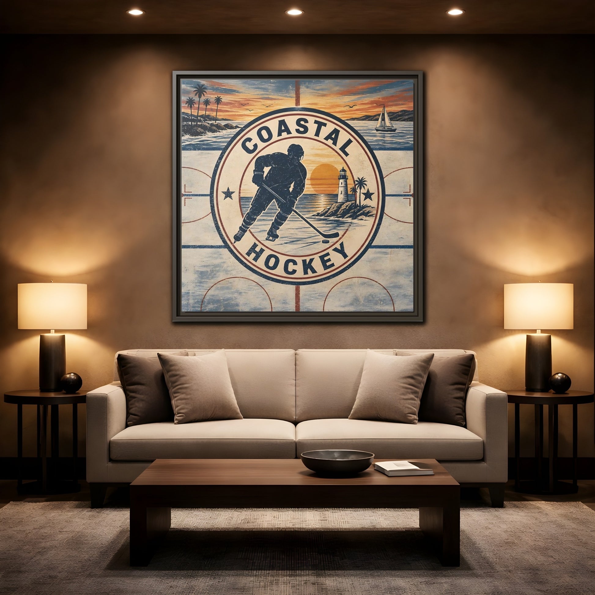 Mockup 2. Sports Hockey Player Vintage Coastal Hockey shown as framed canvas print