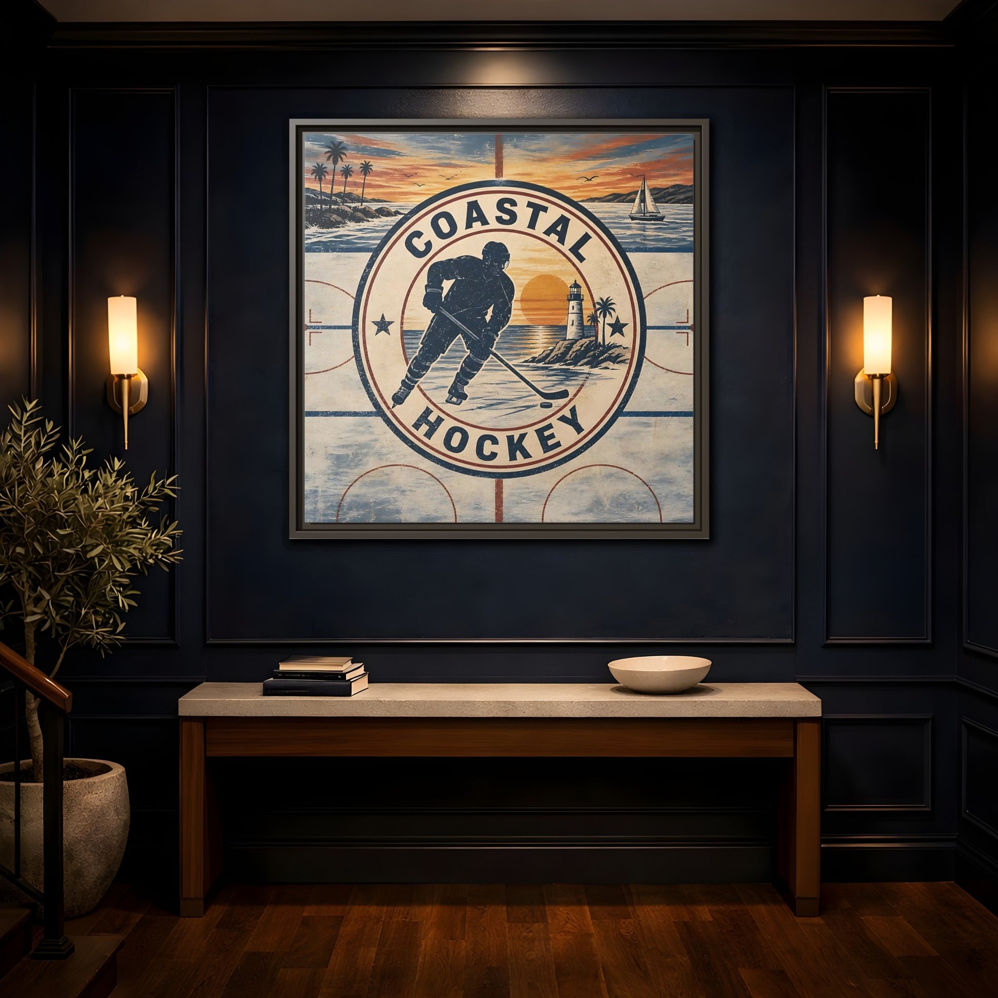 Mockup 4. Sports Hockey Player Vintage Coastal Hockey shown as framed canvas print