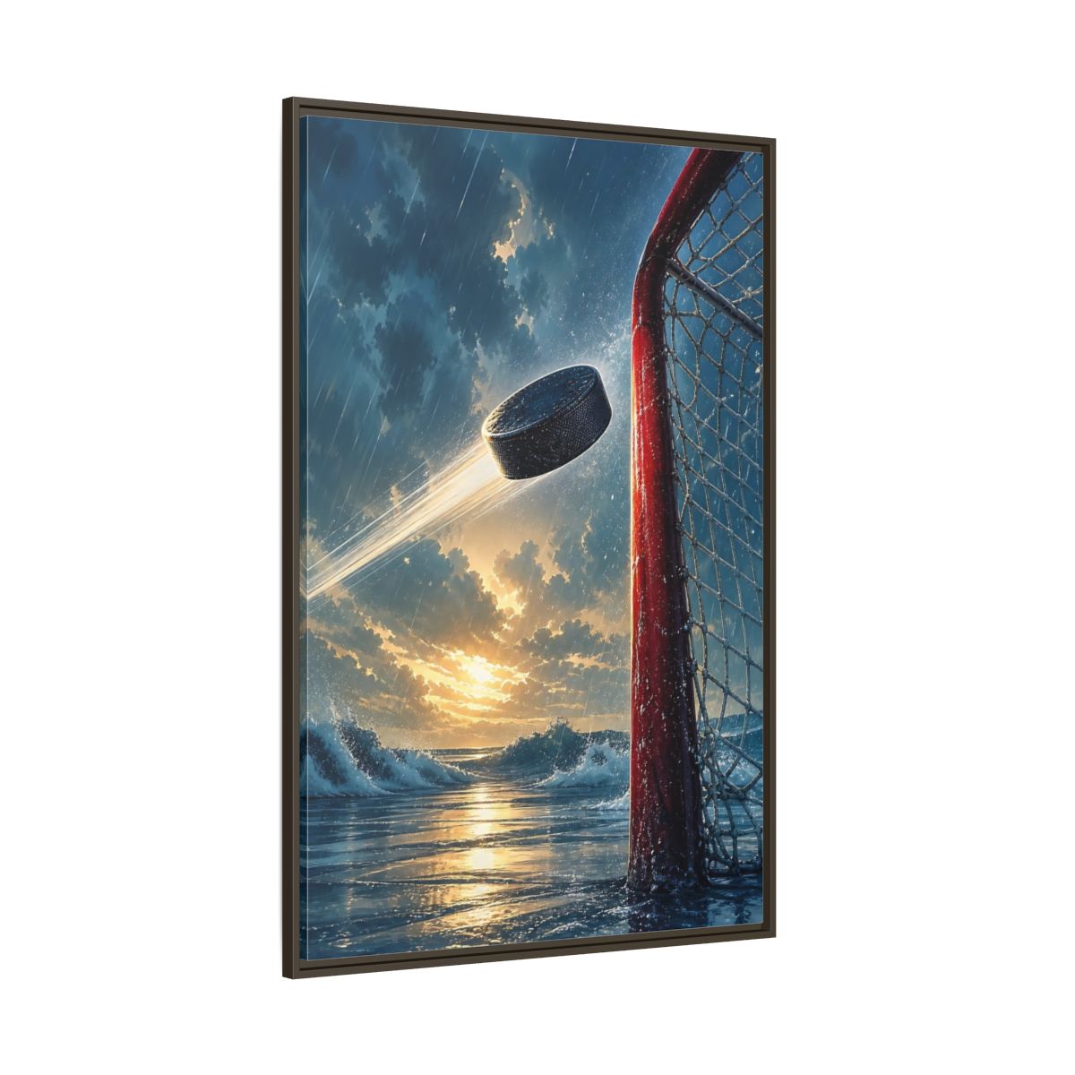 Side Mockup 8. Sports Hockey Puck Blue Orange Sports shown as framed canvas print
