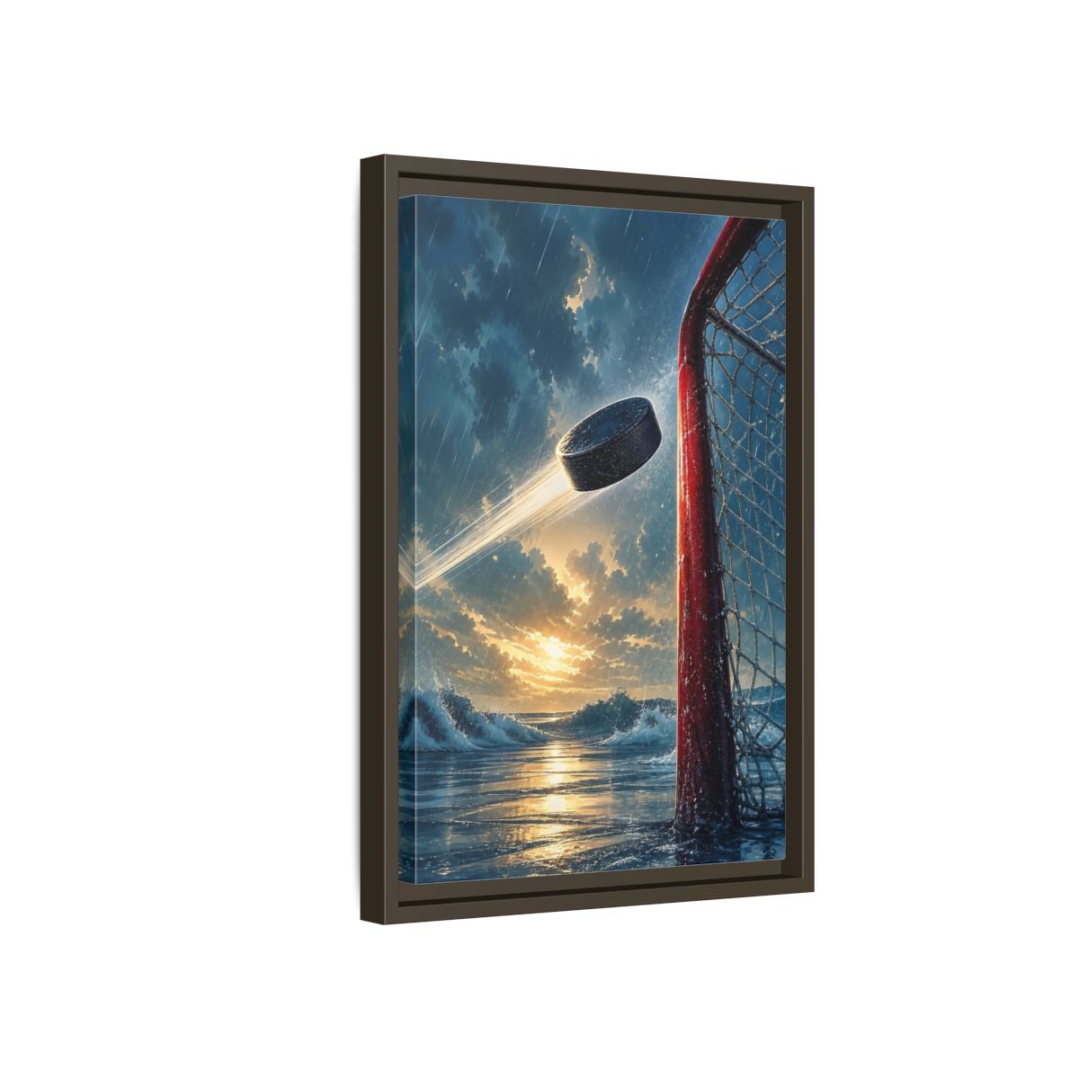 Side Mockup 5. Sports Hockey Puck Blue Orange Sports shown as framed canvas print