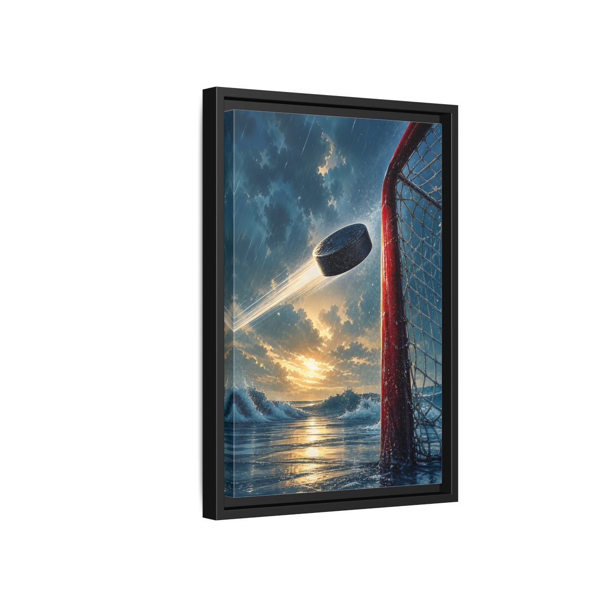Side Mockup 6. Sports Hockey Puck Blue Orange Sports shown as framed canvas print
