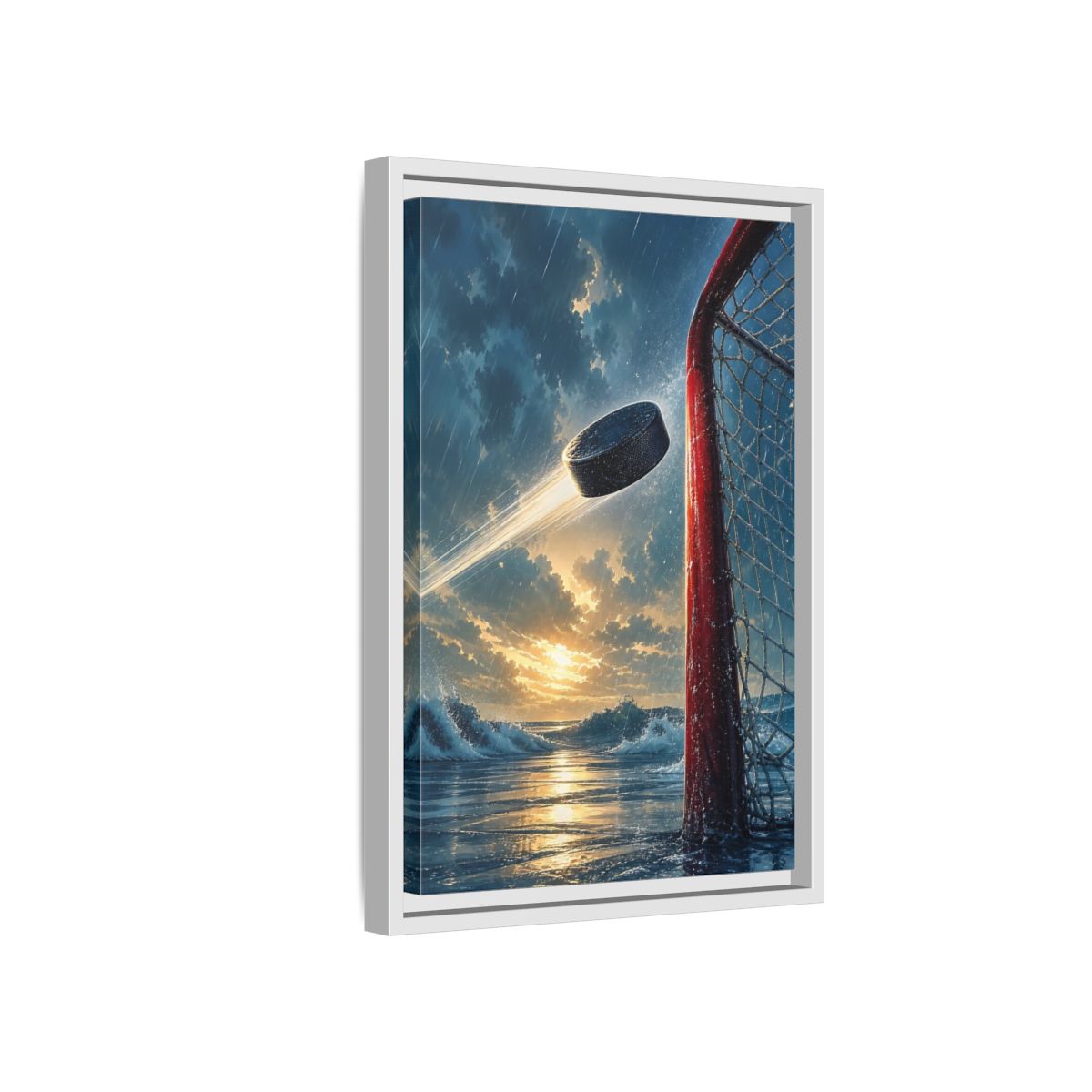 Side Mockup 4. Sports Hockey Puck Blue Orange Sports shown as framed canvas print