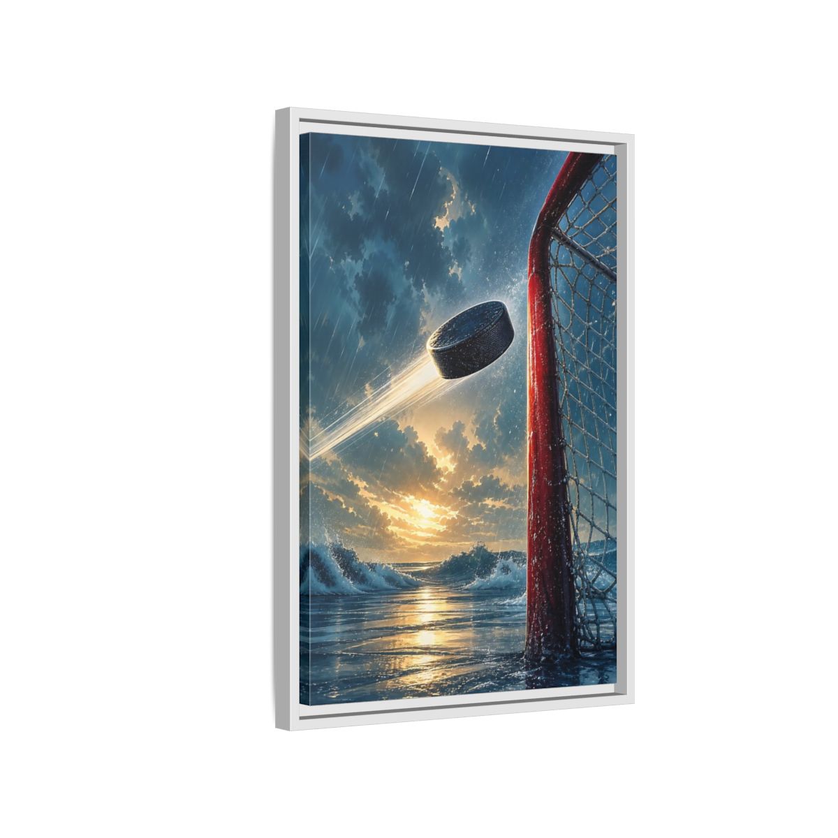 Side Mockup 1. Sports Hockey Puck Blue Orange Sports shown as framed canvas print